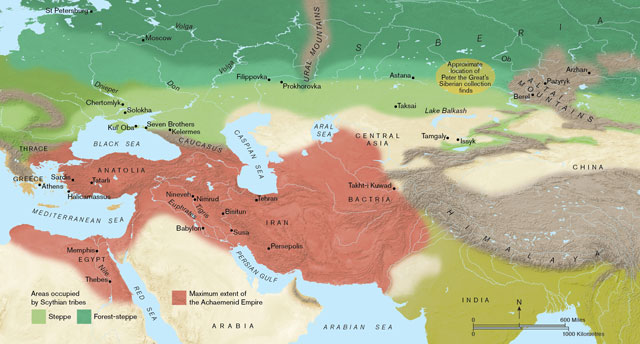 Scythians cultural map. A map of Eurasia showing the extent of the Achaemenid empire (in red) and the Eurasian steppe and mixed woodland largely occupied by the Scythians (in Green). Map produced by Paul Goodhead.