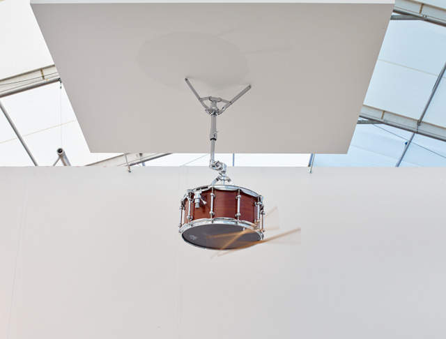 Anri Sala. Moth in B-flat, 2015. Altered snare drum, drumsticks, altered snare stand, loudspeaker parts, and mono sound, 29 1/2 x 22 x 16 1/8 in (75 x 56 x 41 cm); 7:18 min. © Anri Sala. Courtesy Marian Goodman Gallery.