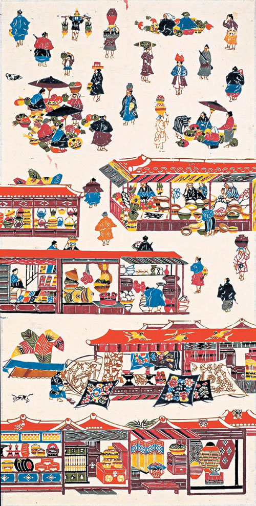 Serizawa Keisuke (1895–1984). <em>The Great Market in Naha City, Okinawa</em> 1940. Hanging scroll, stencil-dyed paper, 61 1/4 x 27 3/4 in. Tohoku Fukushi University  Serizawa Keisuke Art and Craft Museum.