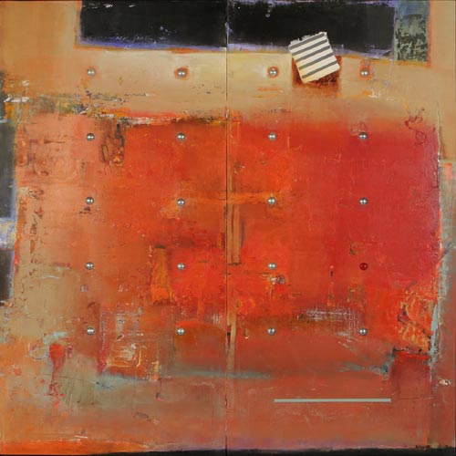 Sharon Booma. <em>No Burden of Persuasion.</em> Oil/mixed media on panel. 60 x 60  x 3 inches