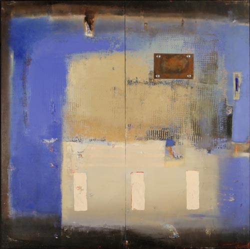 Sharon Booma. <em>Night Sweeps From the Sky</em>. Oil/mixed media on panel. 60 x 60 x 3 inches