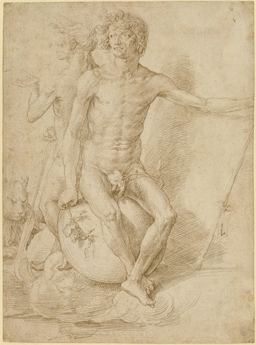 Lucas van Leyden. Two nude allegorical figures seated back-to-back on a sphere, c1516. Silverpoint on prepared paper, 27.7 x 20.5 cm © The Trustees of the British Museum.