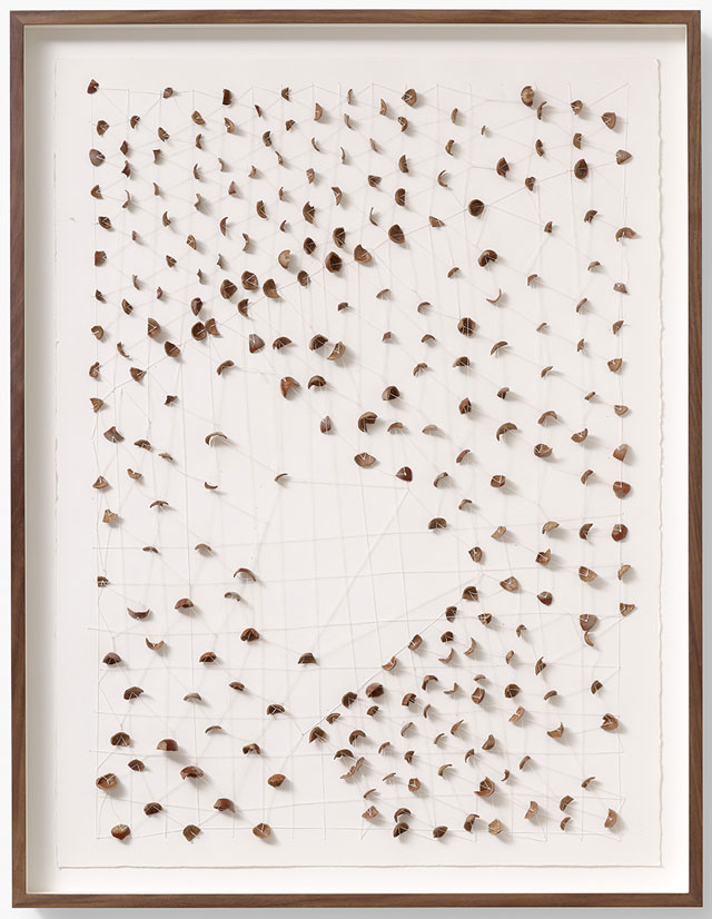 Daniel Sinsel. Untitled, 2013. Hazelnut shells, linen and paper, 76.5 x 57 cm (30 x 22 ⅜ in). Copyright the artist, courtesy Sadie Coles HQ, London.