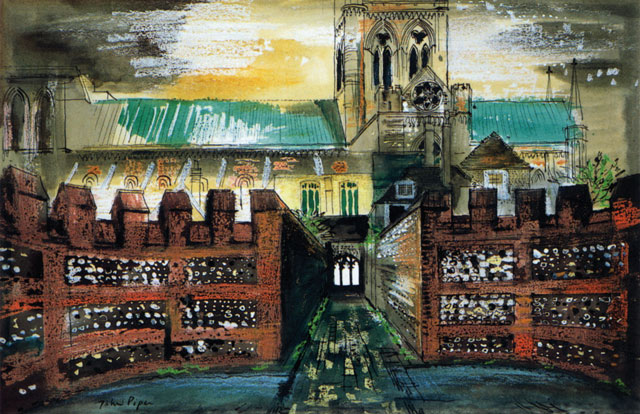 John Piper. View of Chichester Cathedral from the Deanery, 1975. Ink, watercolour and crayon on paper, 46.1 x 63.8 cm. Pallant House Gallery (Hussey Bequest, Chichester District Council, 1985). © The Piper Estate / DACS 2016.