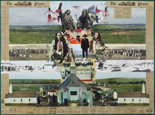 Wounded Knee #III, 2001. Arthur Amiotte (1942-), Oglala Lakota (Teton Sioux), South Dakota. Canvas, paper, ink. 36 × 48 in (91.4 × 121.9 cm). Chicago (Illinois), The University of Chicago, lent by the David and Alfred Smart Museum of Art, gift of Robert and Miranda Donnelley. Photograph: The David and Alfred Smart Museum of Art, The University of Chicago.