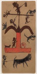 Bill Traylor. Untitled (Figure: Construction, Black, Brown, Red), Montgomery, 1940–1942. Pencil and poster paint on cardboard, 15 1/8 x 7 1/4 in. Collection of Audrey Heckler. Photograph: Adam Reich.