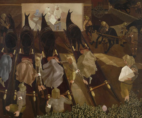 Stanley Spencer. Travoys Arriving with Wounded at a Dressing-Station at Smol, Macedonia, September 1916 (1919). Oil on canvas. © IWM.
