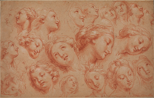 Michel, the Younger Corneille (1642-1708). Study of heads. Graphite and chalk (white, black and red) on paper. The Samuel Courtauld Trust, The Courtauld Gallery, London.