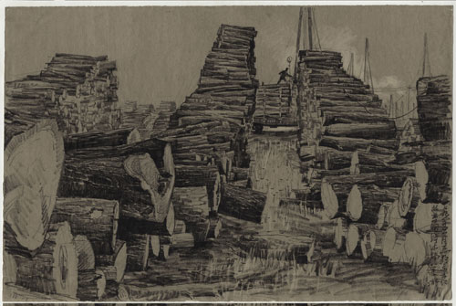 Xu Bing. Forestry industry, Changbai, northeast China, June 1979. Inscribed: 七九年六月画于东方红林业局贮 木
场 徐冰 Drawn June 1979 at the East is Red forestry department timber yard and mill. Pencil on paper. © Courtesy of Xu Bing Studio.
